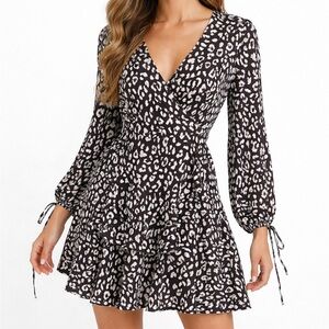 Boohoo Black and White Cheetah Print Sleeved Ruffle Dress